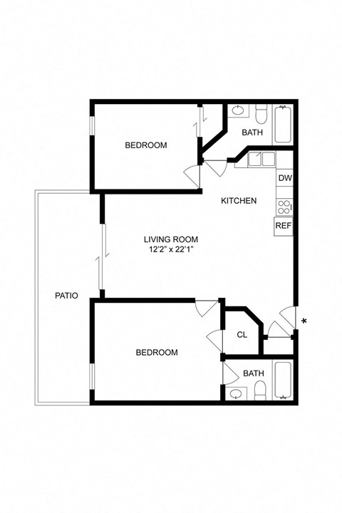 Floor plan for 2 beds, 2 baths, 775 sqft